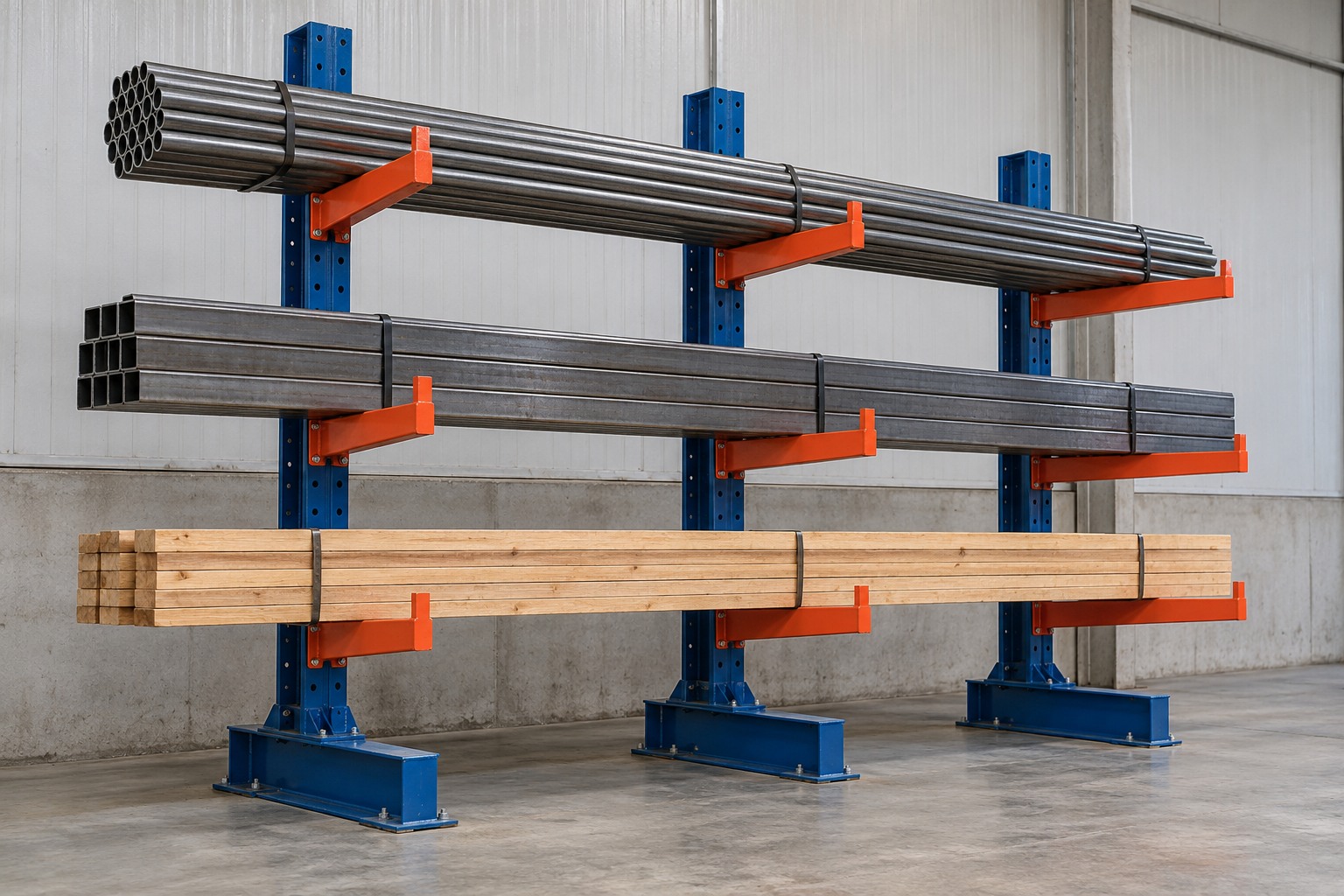 Cenário ilustrativo de estante cantilever com perfis longos apoiados em braços horizontais.